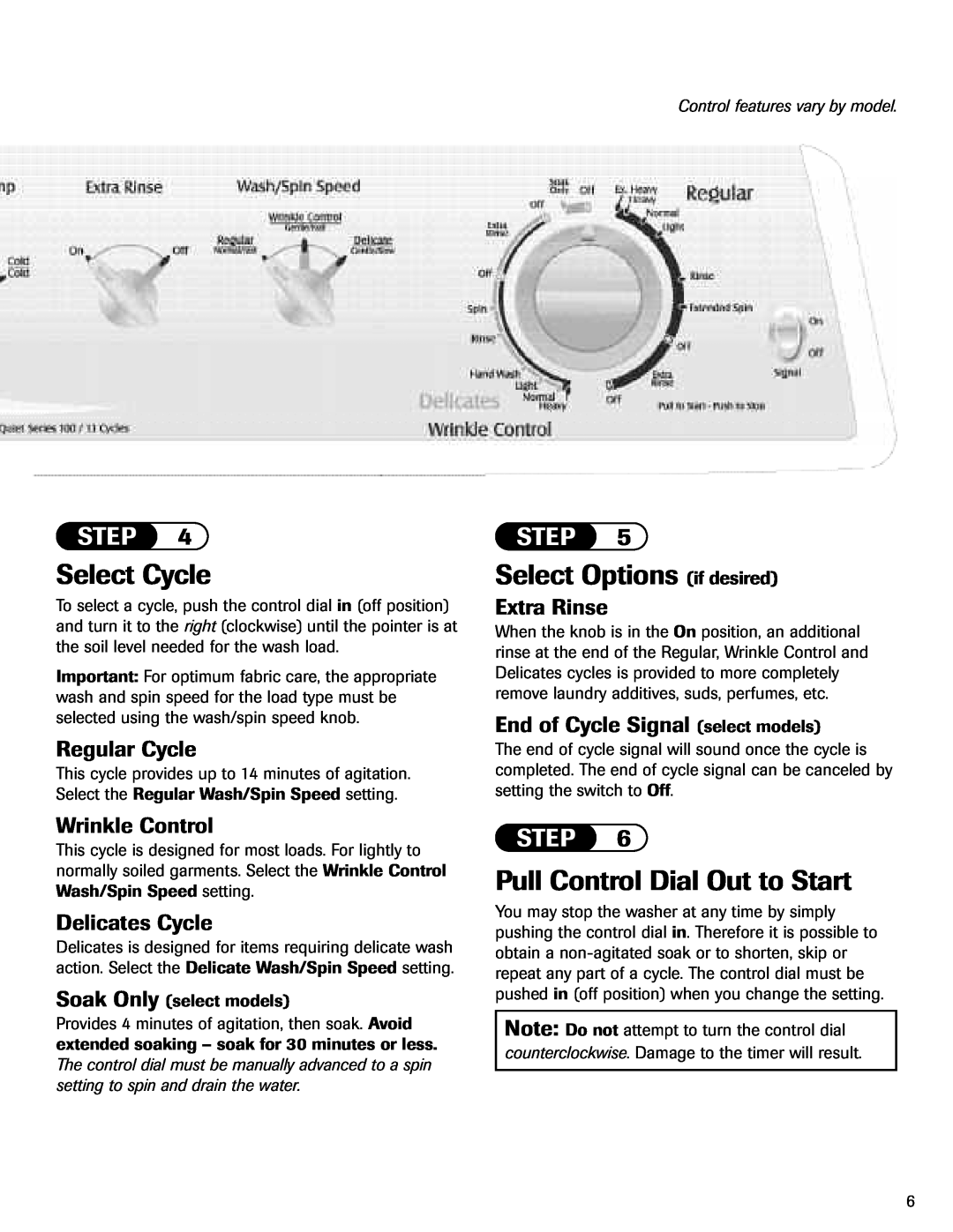 Maytag MAV-3 Select Cycle, Select Options if desired, Pull Control Dial Out to Start, Regular Cycle, Wrinkle Control, Step 