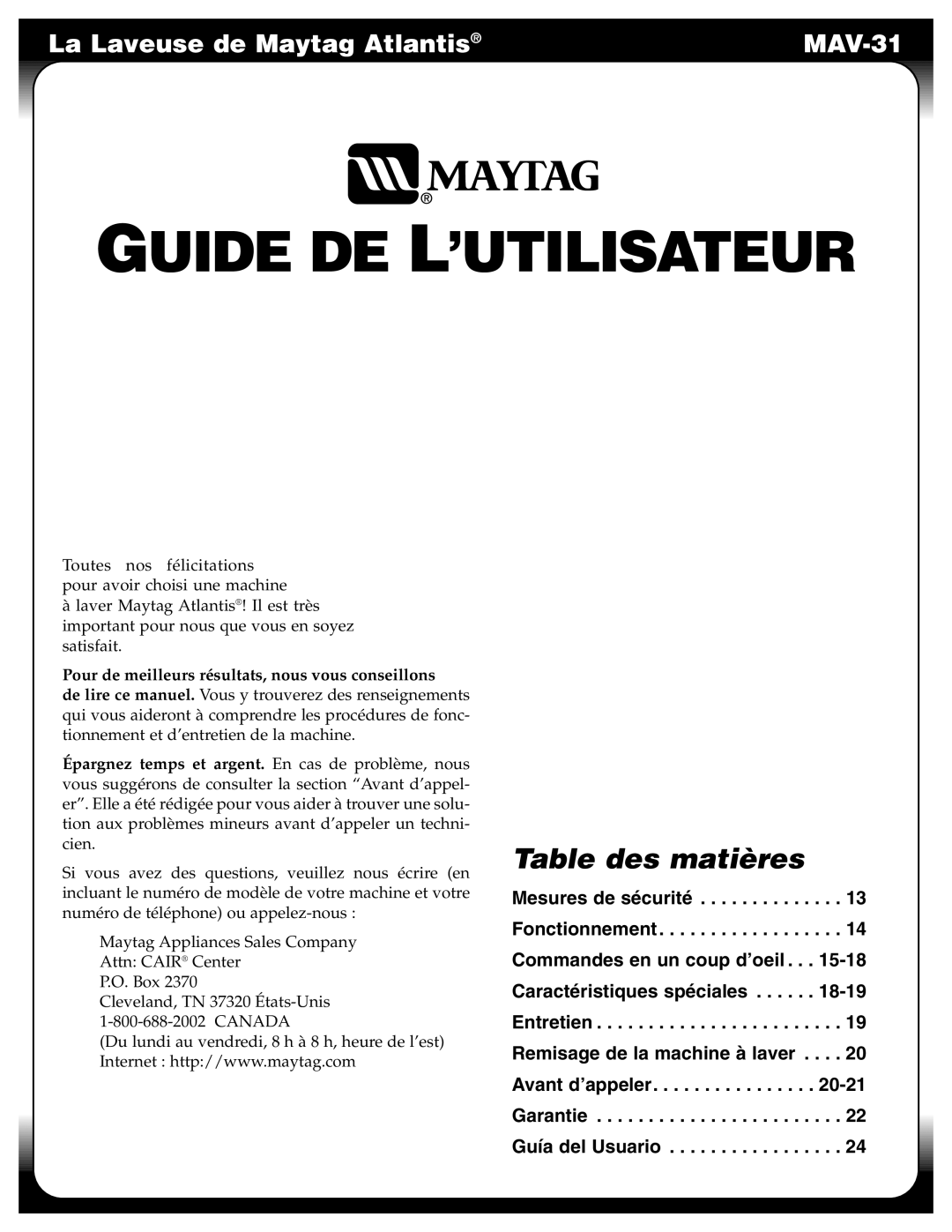 Maytag MAV-31 warranty Guide DE L’UTILISATEUR 