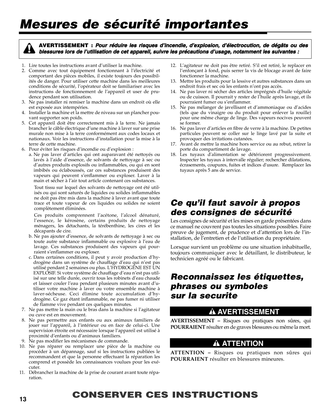 Maytag MAV-31 warranty Mesures de sécurité importantes, Ce qu’il faut savoir à propos des consignes de sécurité 