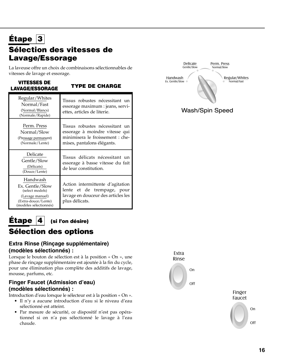 Maytag MAV-31 warranty Étape Sélection des vitesses de Lavage/Essorage, Sélection des options 