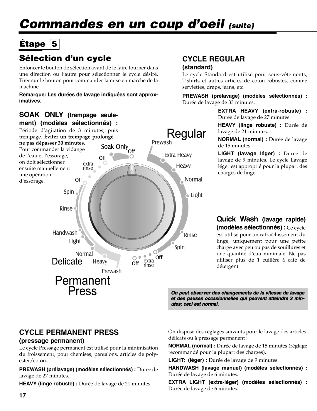 Maytag MAV-31 warranty Commandes en un coup d’oeil suite, Étape Sélection d’un cycle, Extra Heavy extra-robuste 