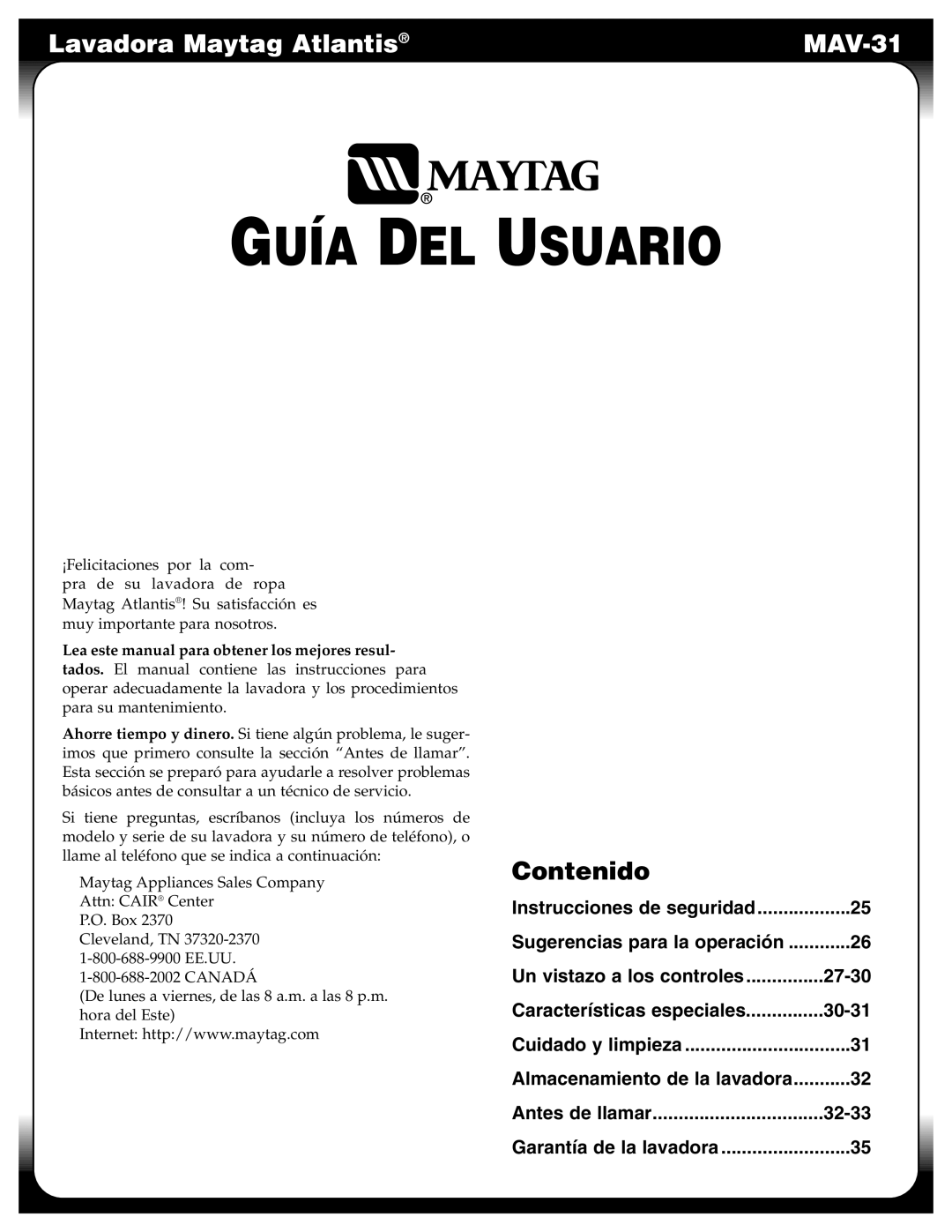 Maytag MAV-31 warranty Guía DEL Usuario, Contenido 