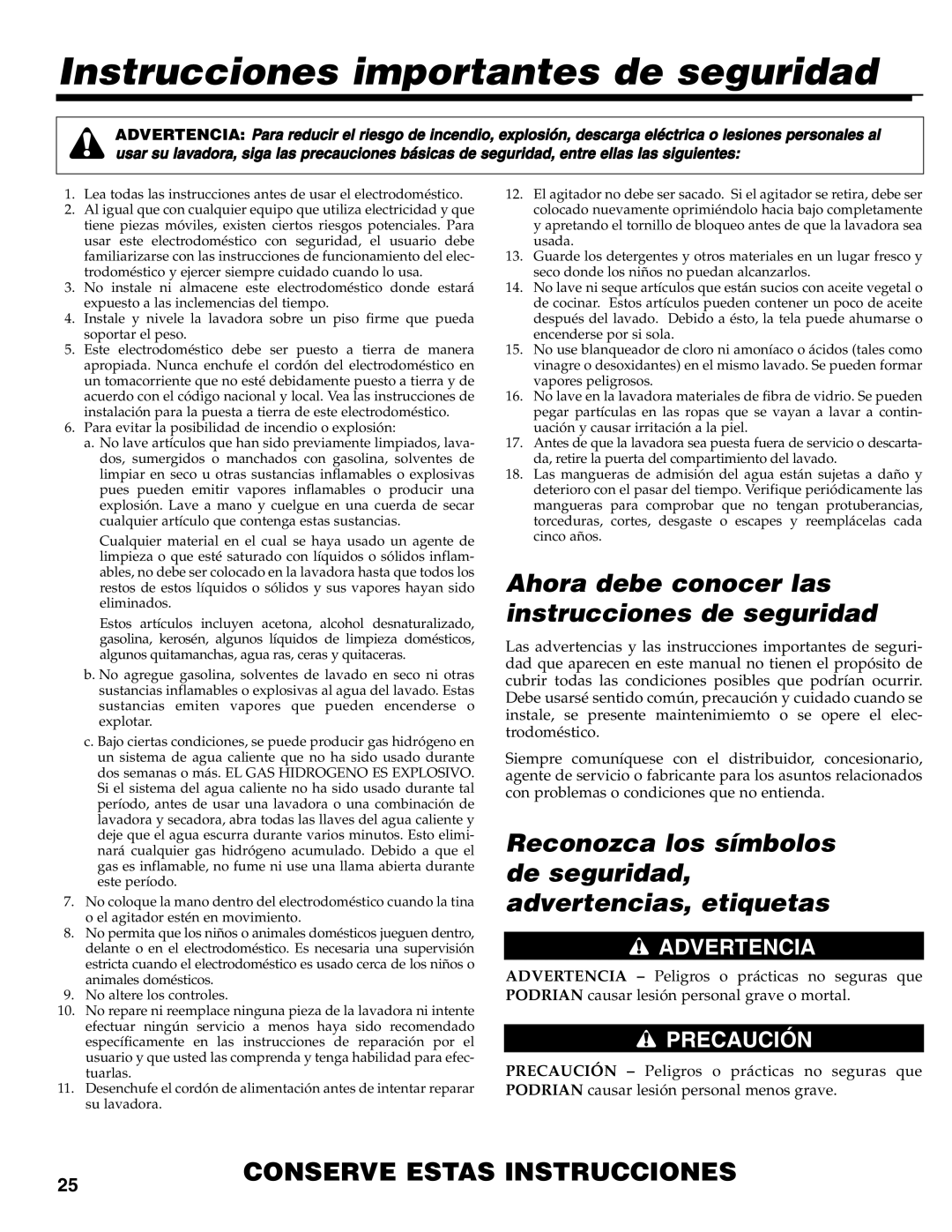 Maytag MAV-31 warranty Instrucciones importantes de seguridad, Ahora debe conocer las instrucciones de seguridad 