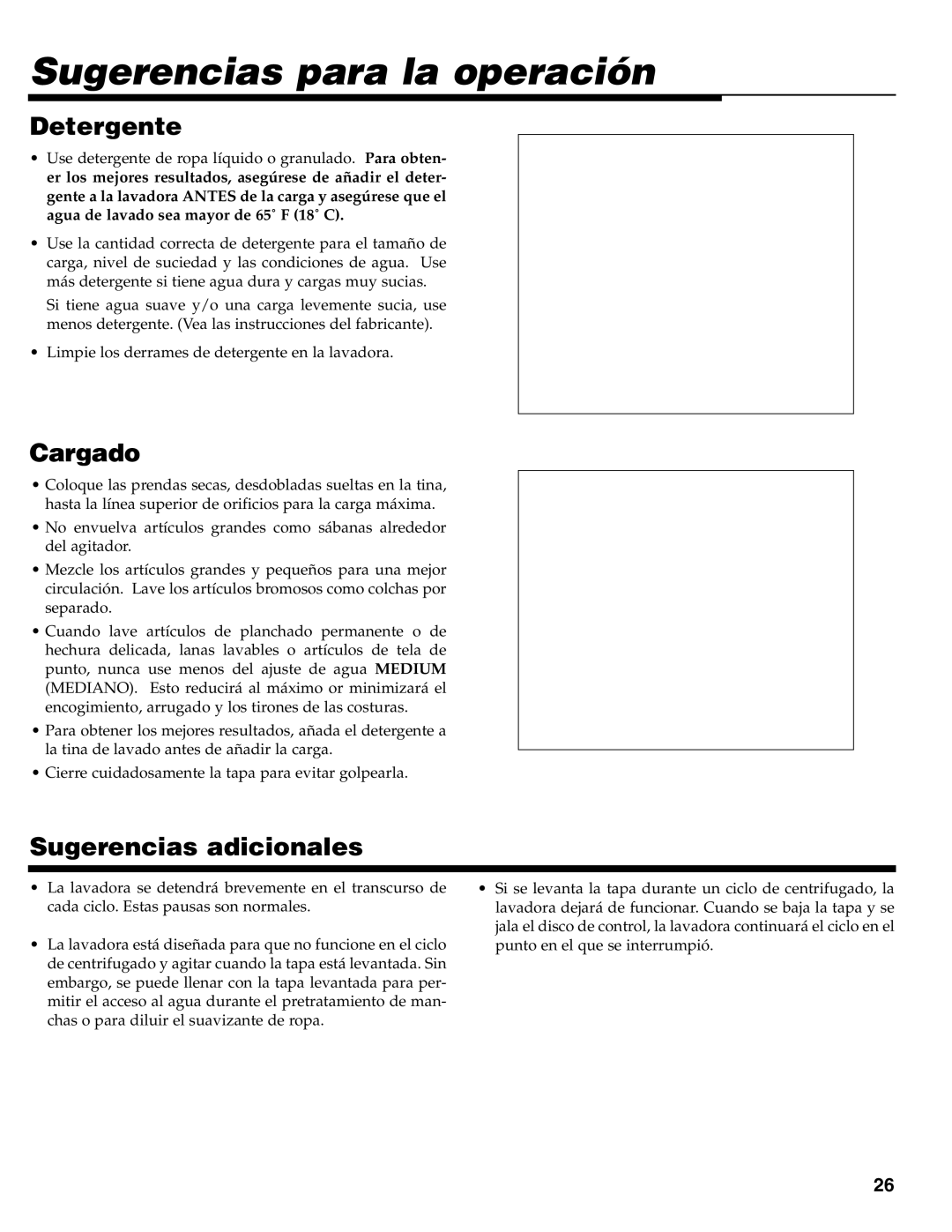 Maytag MAV-31 warranty Sugerencias para la operación, Detergente, Cargado, Sugerencias adicionales 