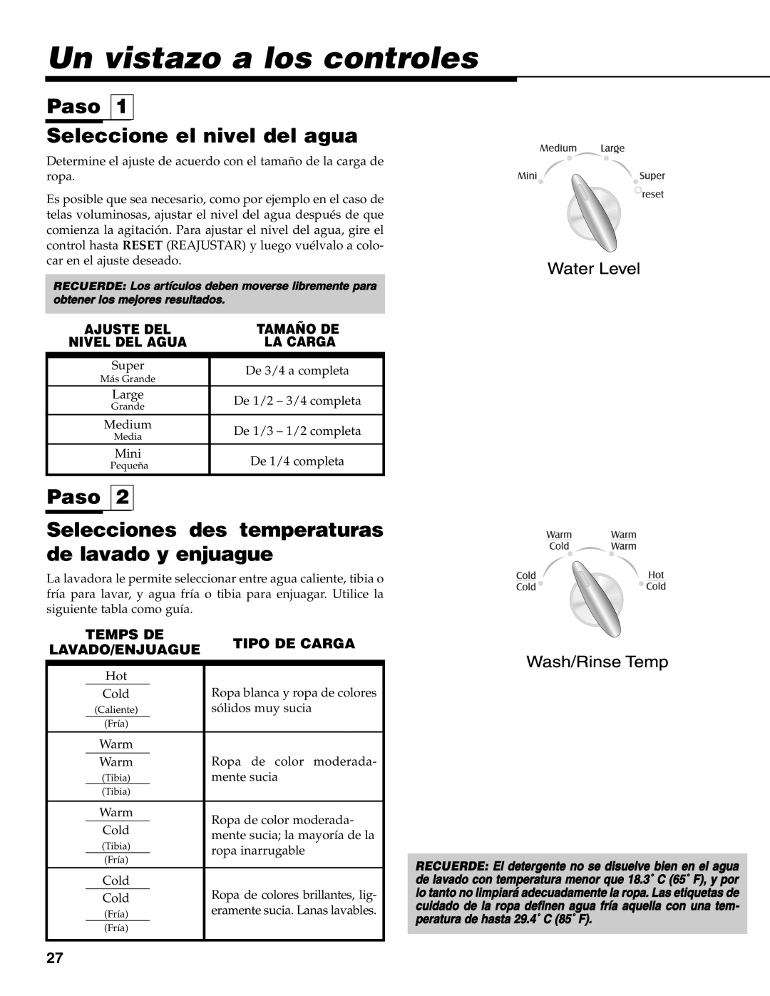 Maytag MAV-31 warranty Un vistazo a los controles, Paso Seleccione el nivel del agua 