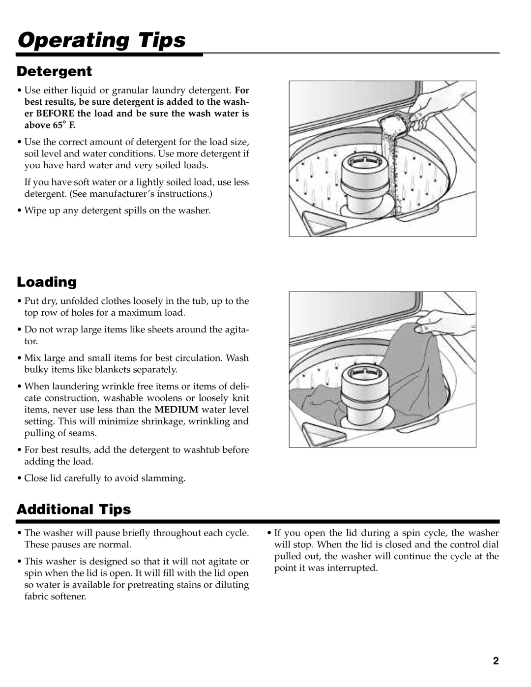 Maytag MAV-31 warranty Operating Tips, Detergent, Loading, Additional Tips 