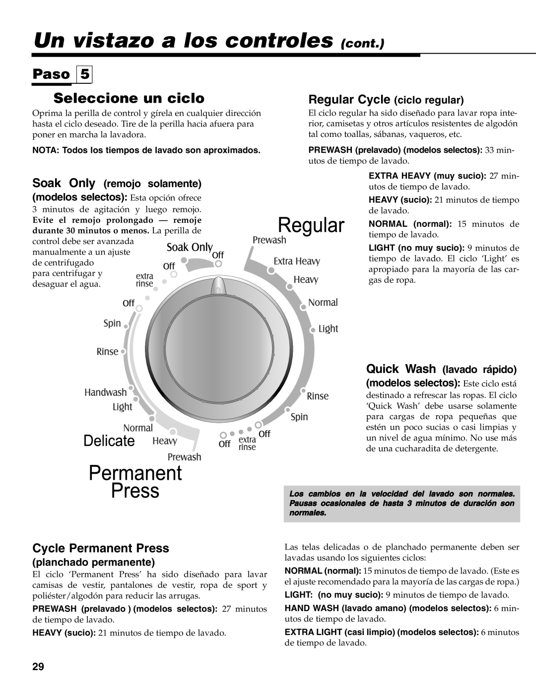 Maytag MAV-31 Paso Seleccione un ciclo, Nota Todos los tiempos de lavado son aproximados, Extra Heavy muy sucio 27 min 