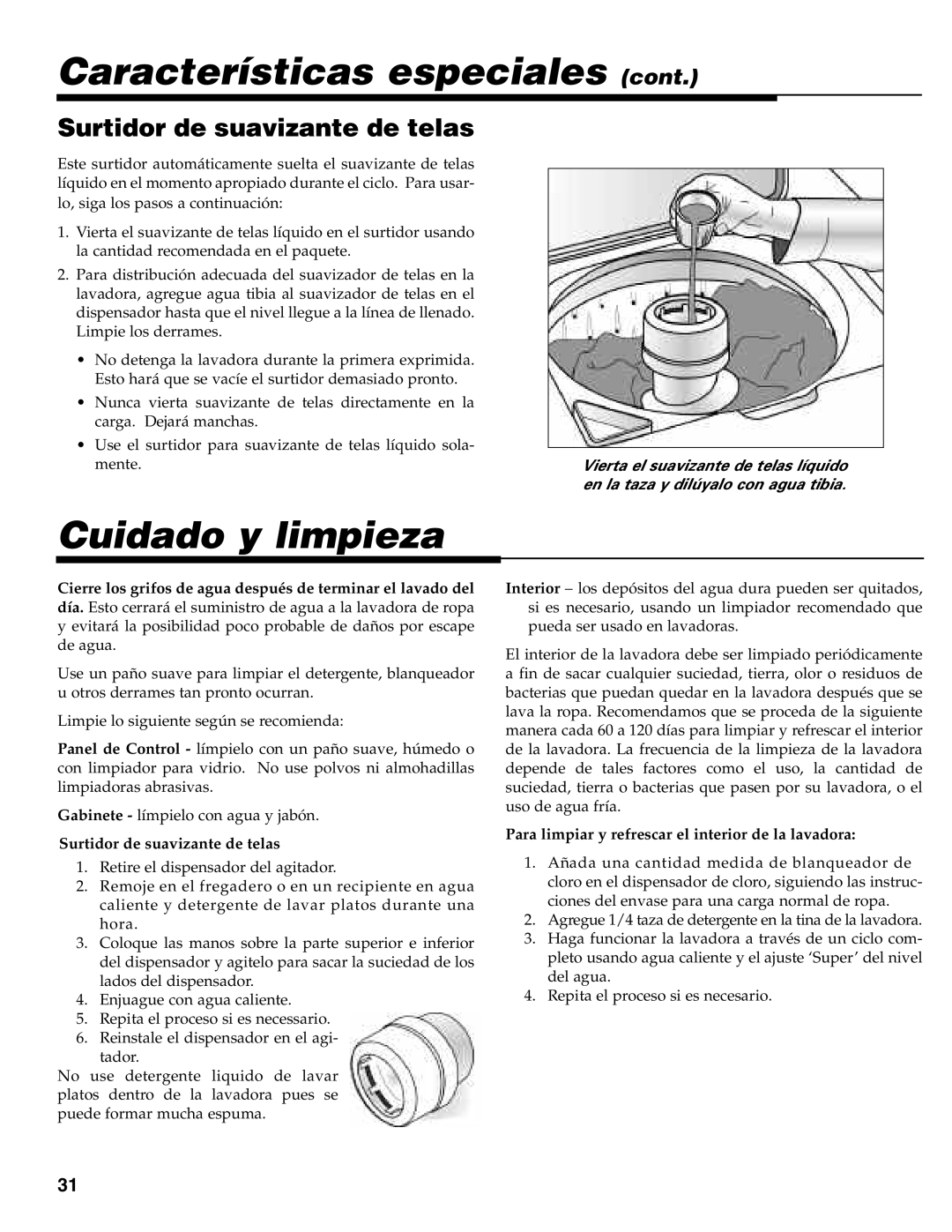 Maytag MAV-31 warranty Cuidado y limpieza, Surtidor de suavizante de telas 