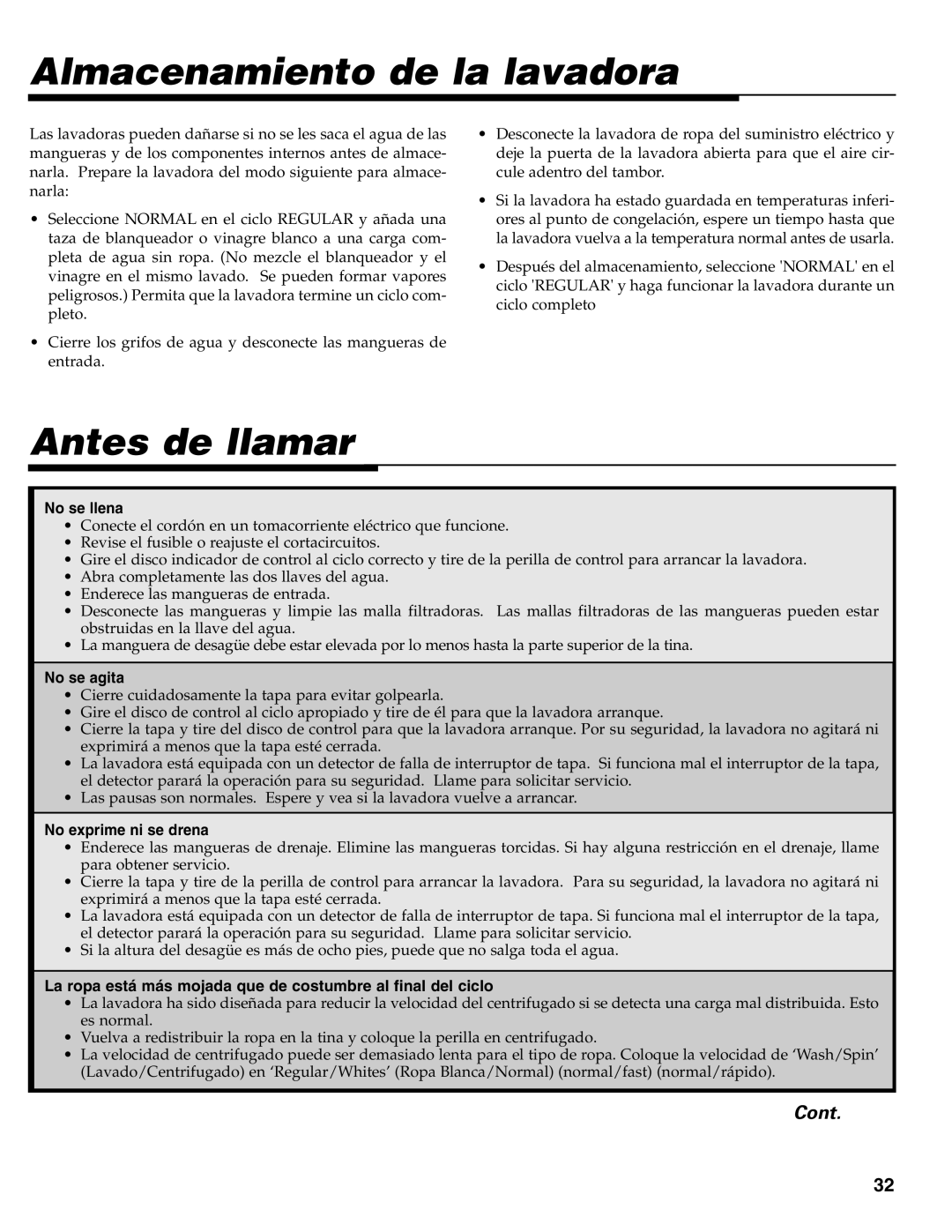 Maytag MAV-31 warranty Almacenamiento de la lavadora, Antes de llamar 