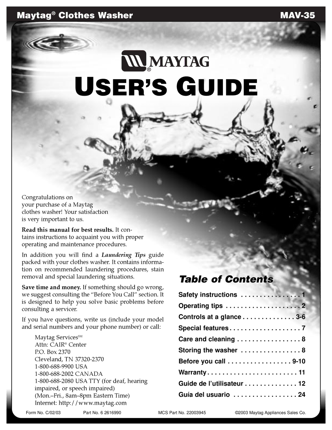 Maytag MAV-35 warranty USER’S Guide 