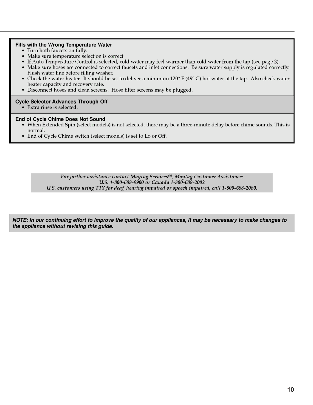 Maytag MAV-35 warranty Fills with the Wrong Temperature Water, Cycle Selector Advances Through Off 