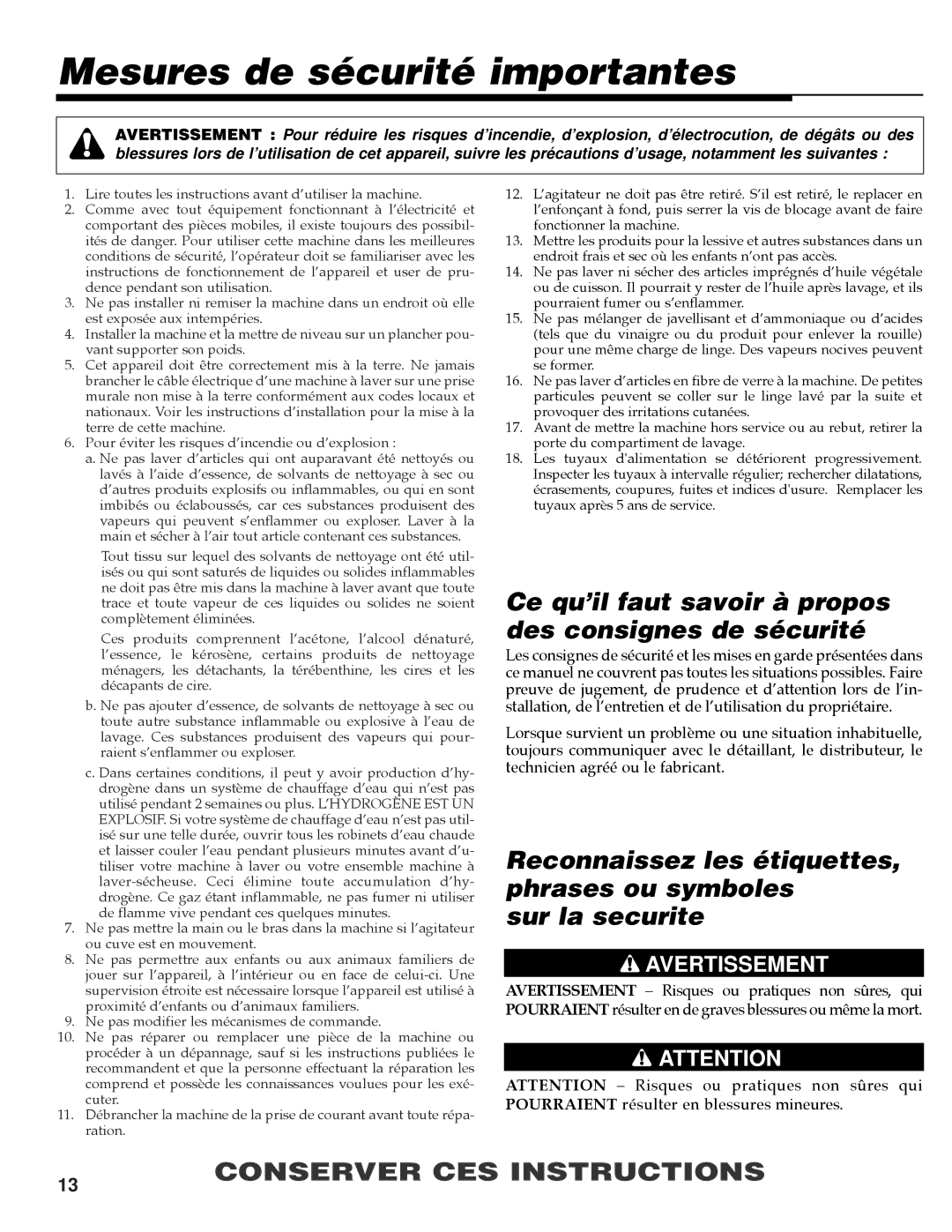 Maytag MAV-35 warranty Mesures de sécurité importantes, Ce qu’il faut savoir à propos des consignes de sécurité 