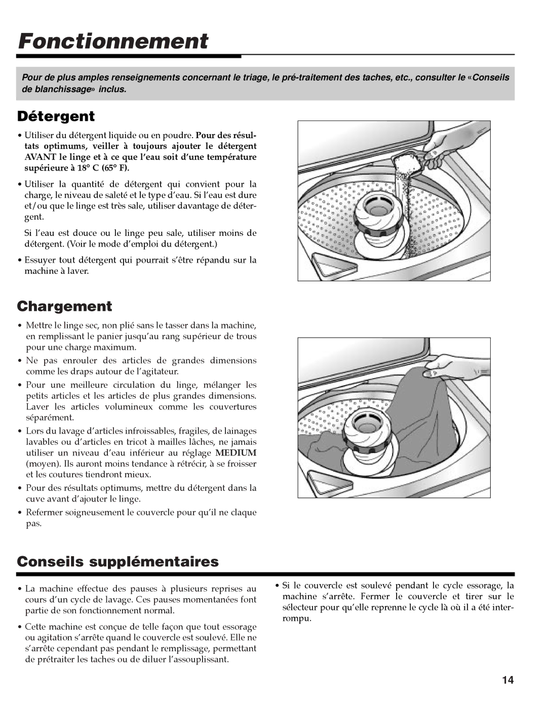 Maytag MAV-35 warranty Fonctionnement, Détergent, Chargement, Conseils supplémentaires 