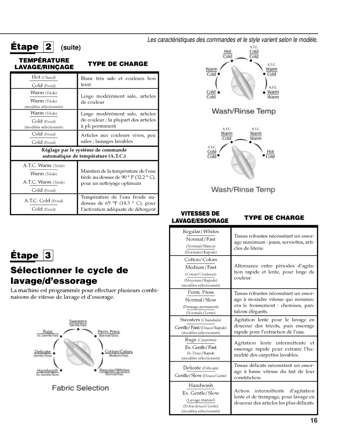 Maytag MAV-35 warranty Étape Sélectionner le cycle de lavage/d’essorage, Suite, Température Type DE Charge LAVAGE/RINÇAGE 