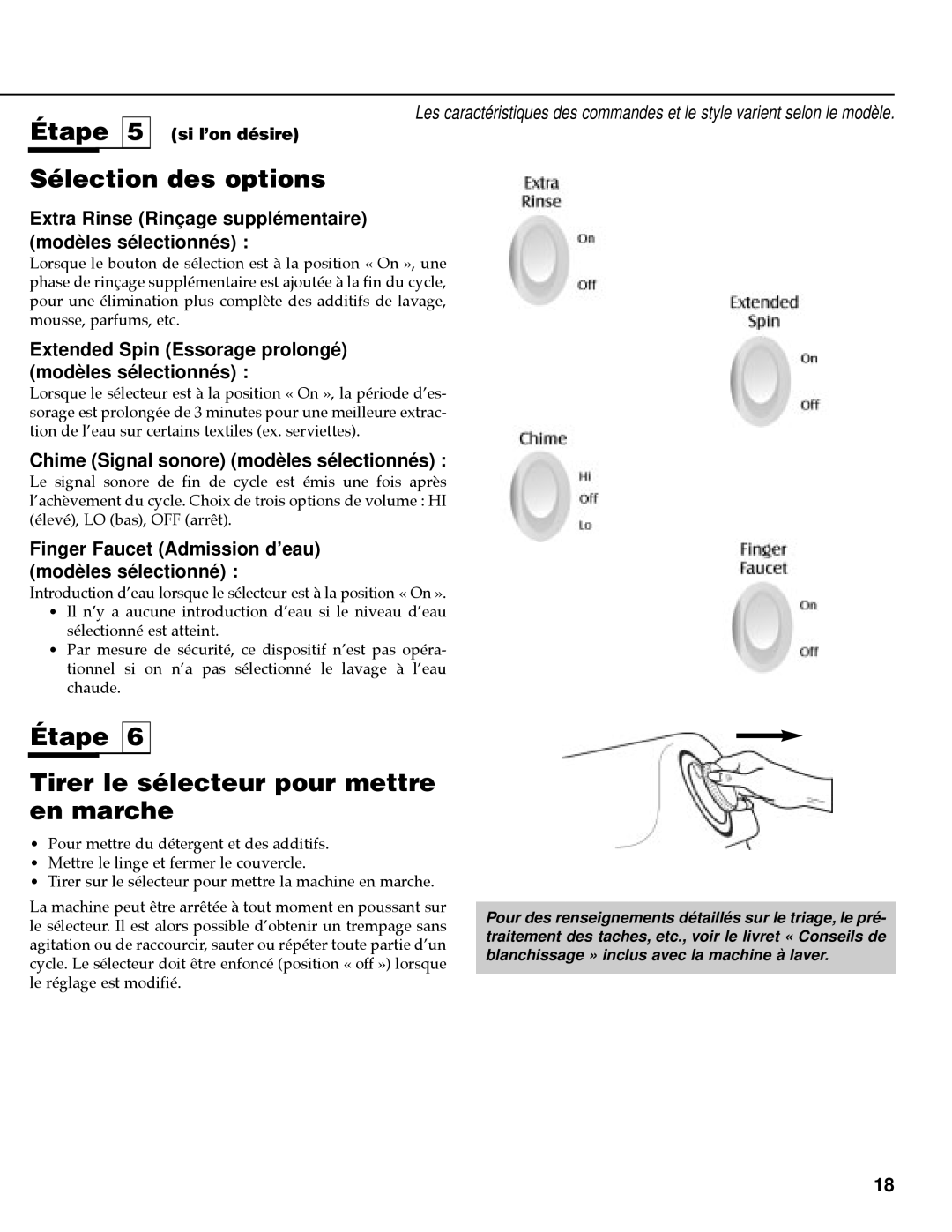 Maytag MAV-35 warranty Sélection des options, Étape Tirer le sélecteur pour mettre en marche 