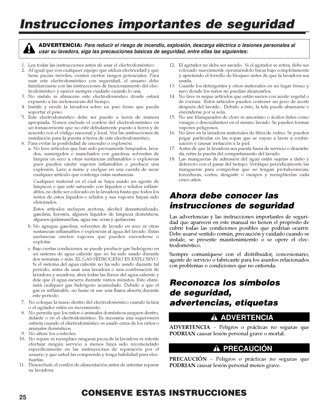 Maytag MAV-35 warranty Instrucciones importantes de seguridad, Ahora debe conocer las instrucciones de seguridad 