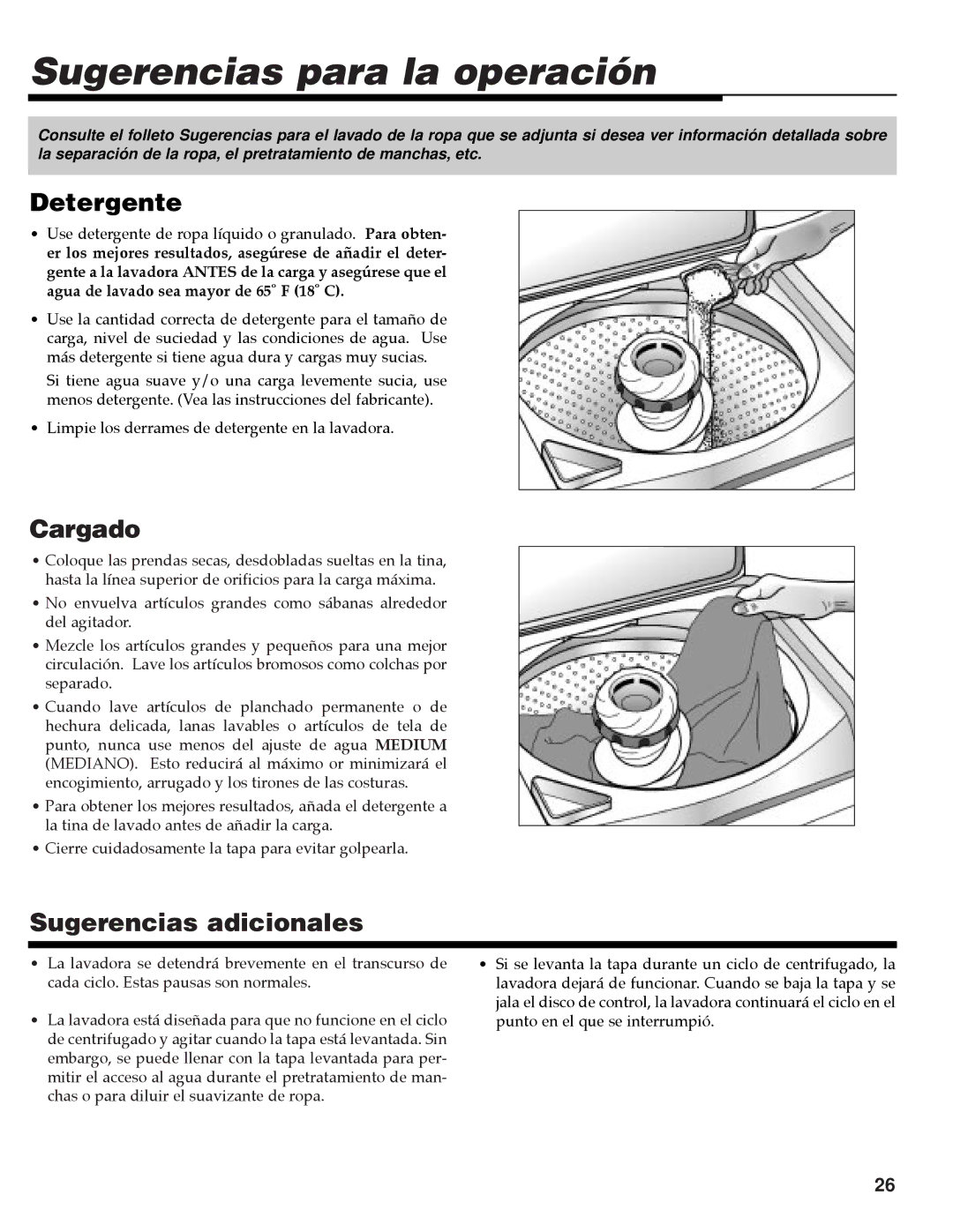 Maytag MAV-35 warranty Sugerencias para la operación, Detergente, Cargado, Sugerencias adicionales 