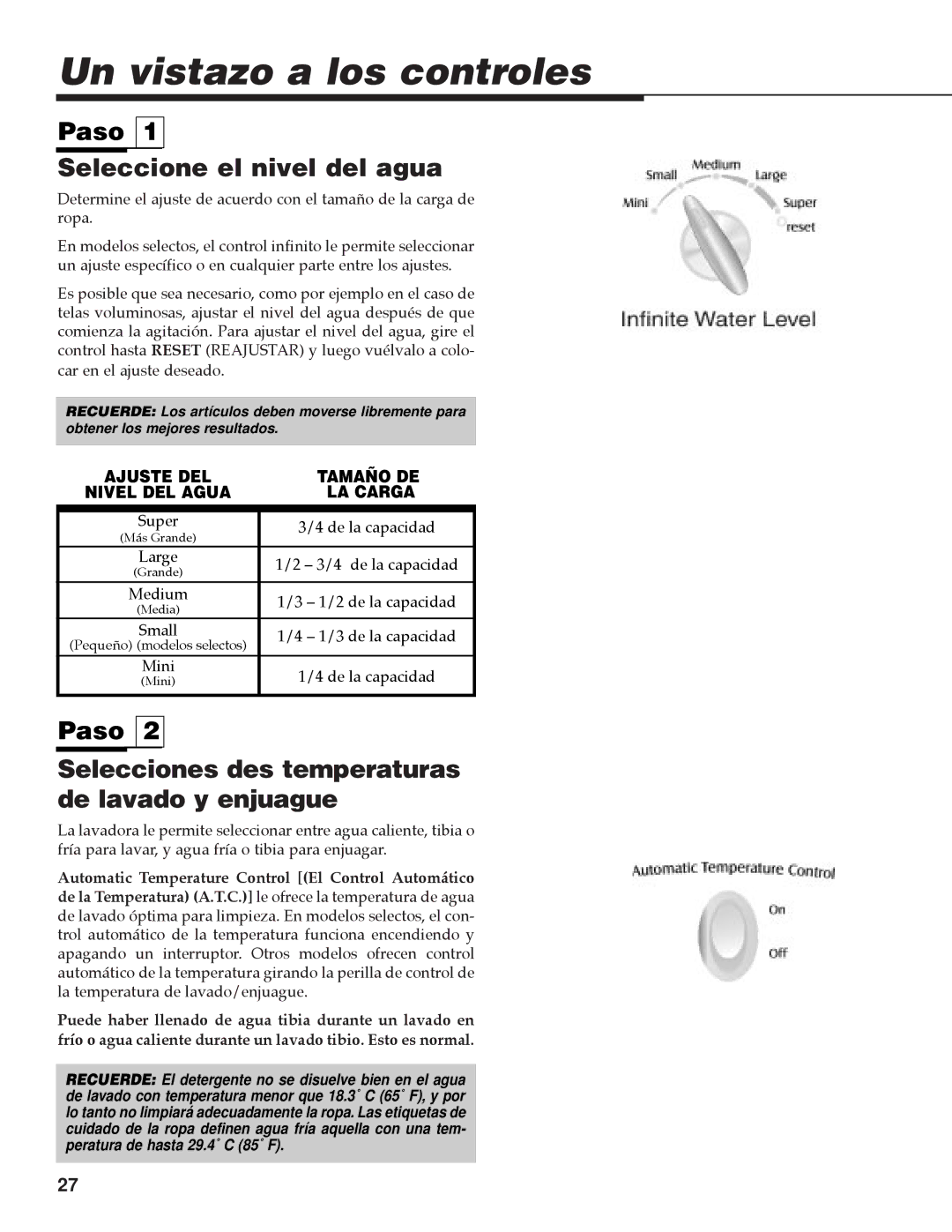 Maytag MAV-35 warranty Un vistazo a los controles, Paso, Seleccione el nivel del agua 