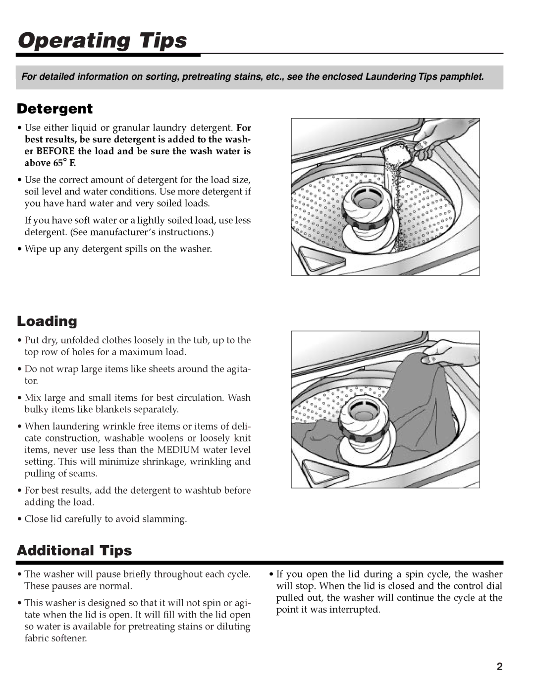 Maytag MAV-35 warranty Operating Tips, Detergent, Loading, Additional Tips 