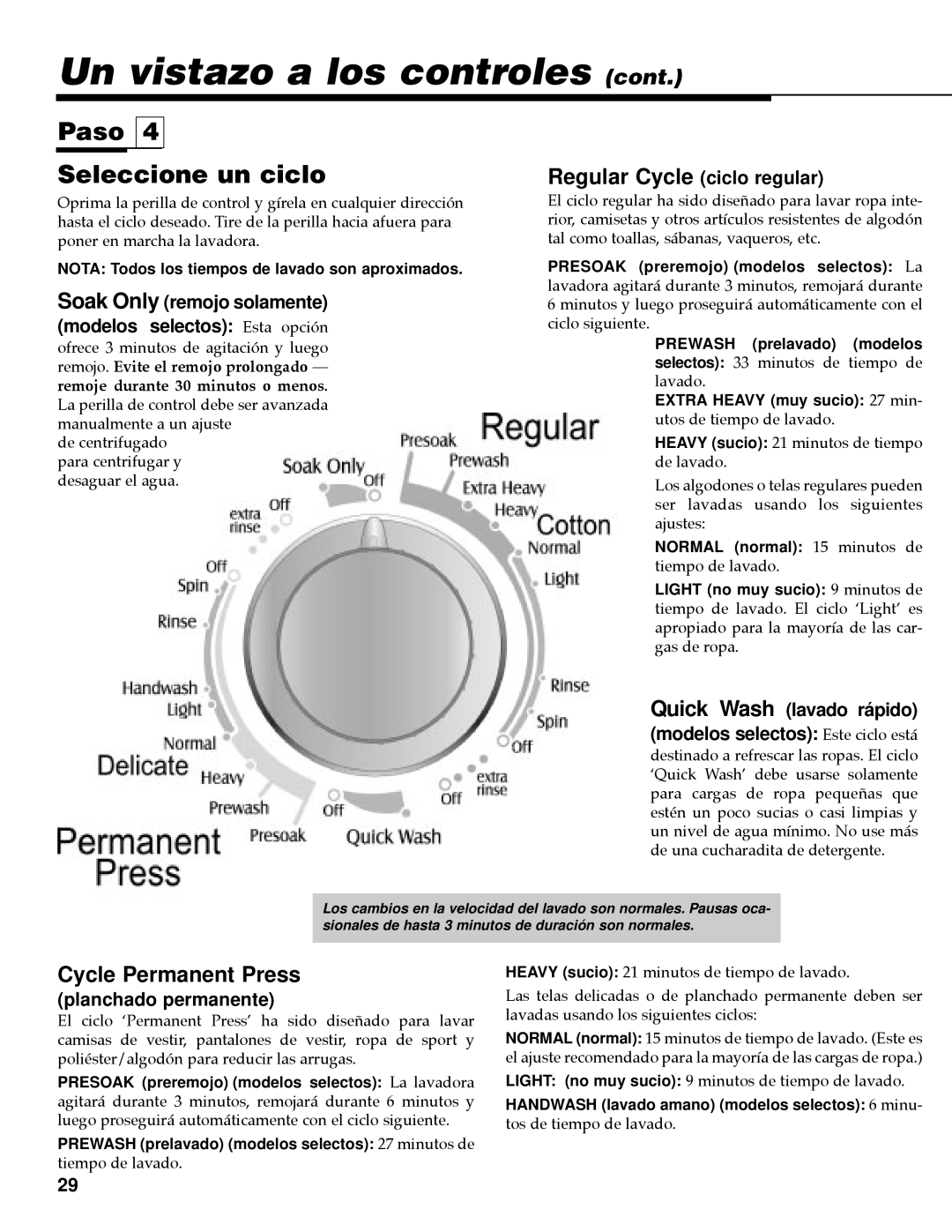 Maytag MAV-35 Un vistazo a los controles, Paso Seleccione un ciclo, Regular Cycle ciclo regular, Quick Wash lavado rápido 