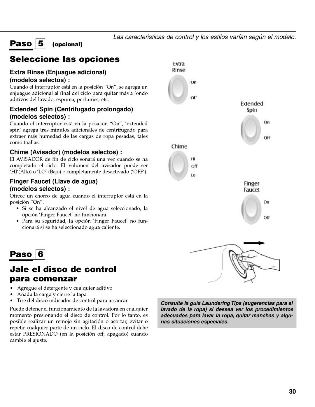 Maytag MAV-35 warranty Seleccione las opciones, Paso Jale el disco de control para comenzar 