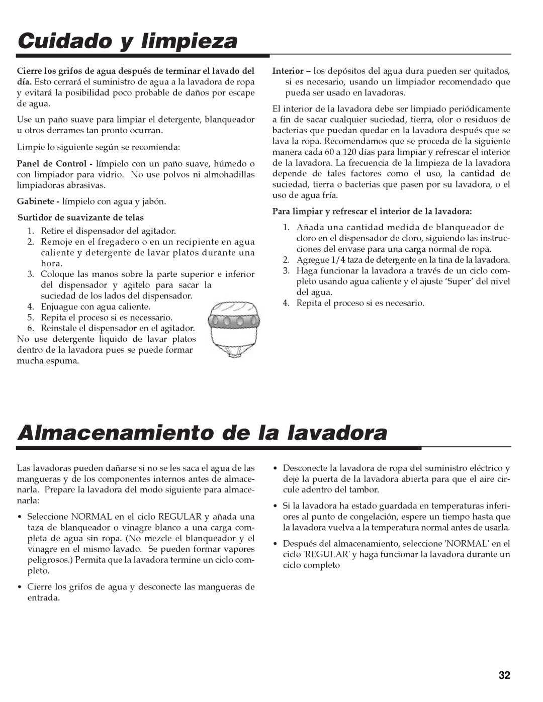 Maytag MAV-35 warranty Cuidado y limpieza, Almacenamiento de la lavadora 