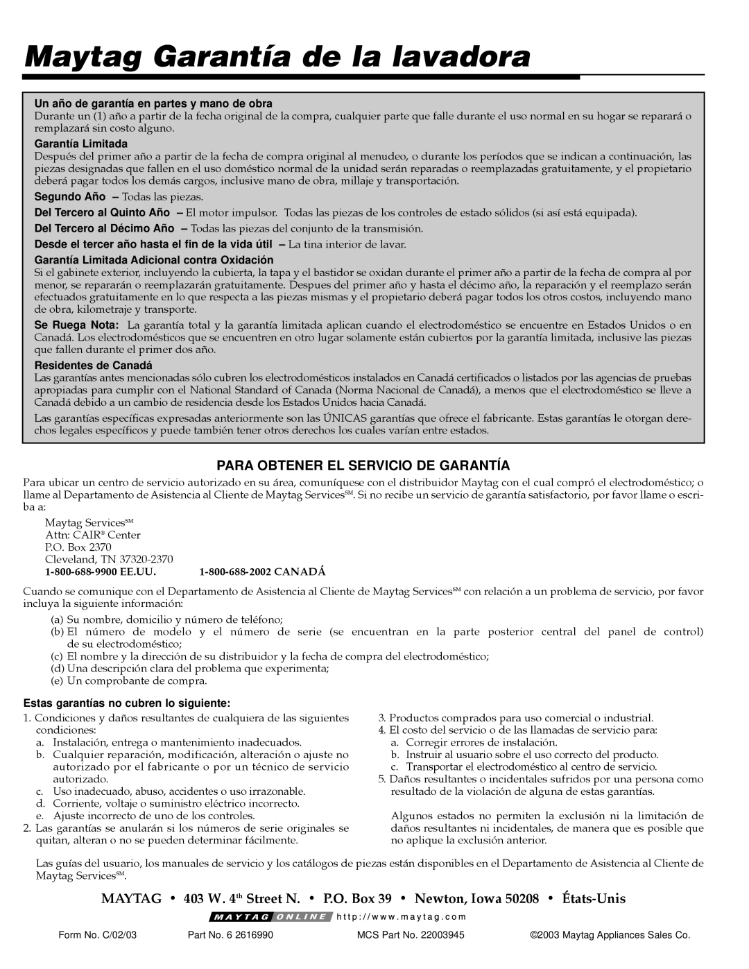 Maytag MAV-35 warranty Maytag Garantía de la lavadora, Para Obtener EL Servicio DE Garantía 