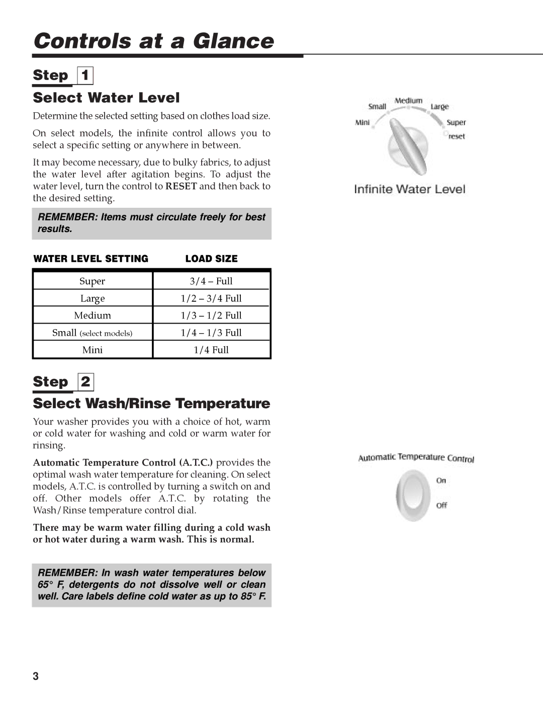 Maytag MAV-35 warranty Controls at a Glance, Step Select Water Level, Step Select Wash/Rinse Temperature 