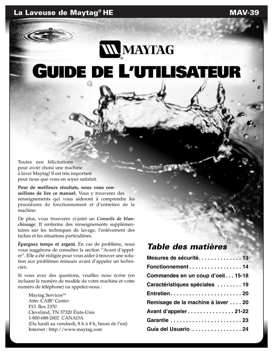 Maytag MAV-39 warranty Guide DE L’UTILISATEUR 