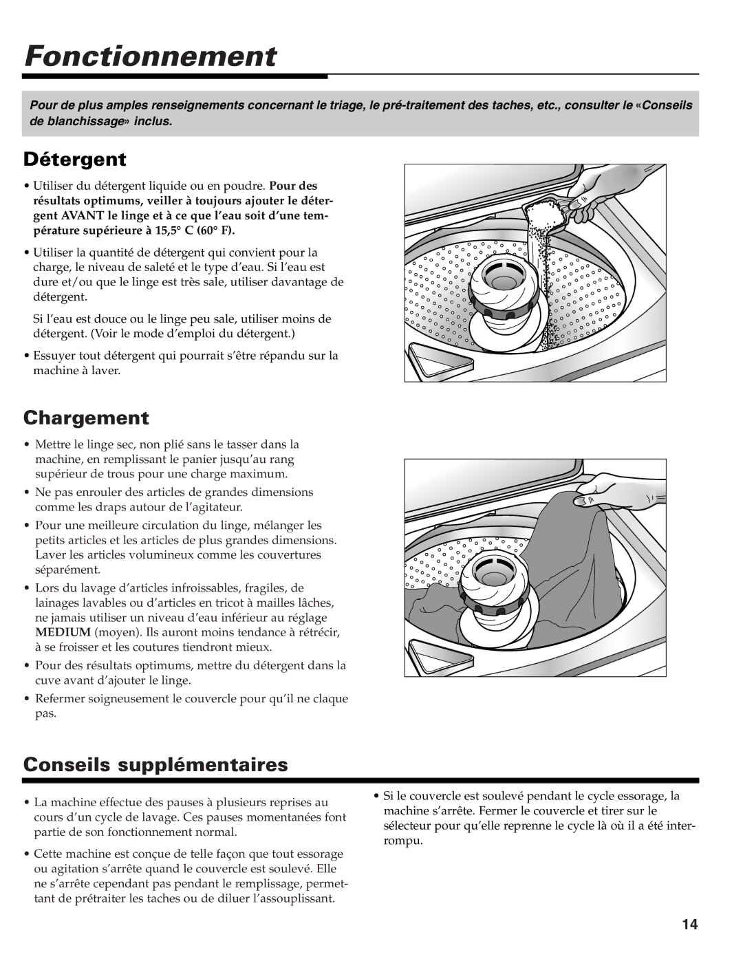 Maytag MAV-39 warranty Fonctionnement, Détergent, Chargement, Conseils supplémentaires 