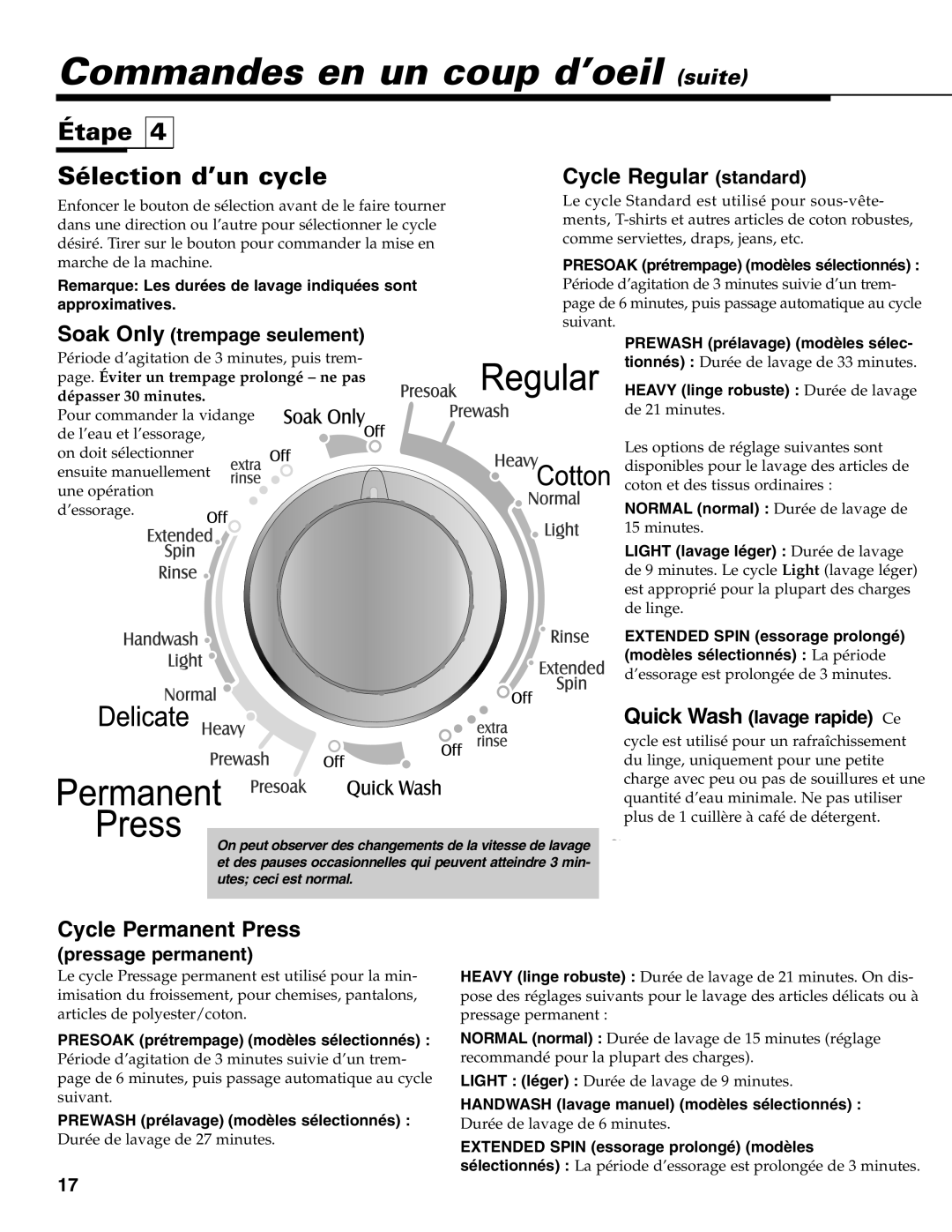 Maytag MAV-39 Commandes en un coup d’oeil suite, Étape Sélection d’un cycle, Prewash prélavage modèles sélectionnés 