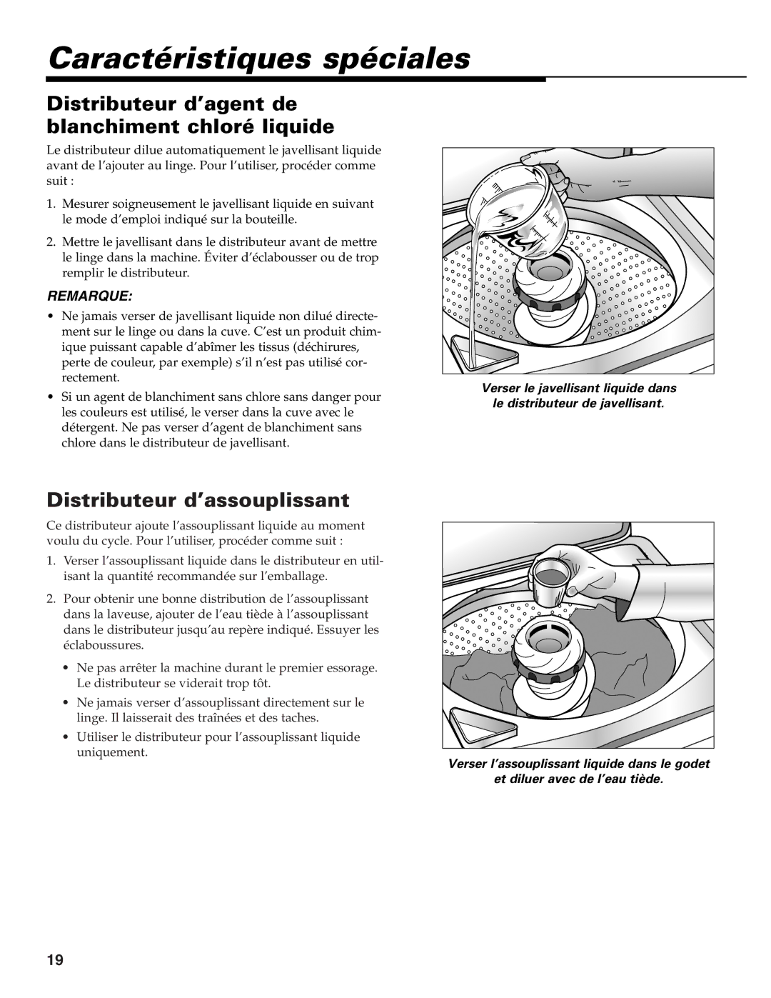 Maytag MAV-39 Caractéristiques spéciales, Distributeur d’agent de blanchiment chloré liquide, Distributeur d’assouplissant 