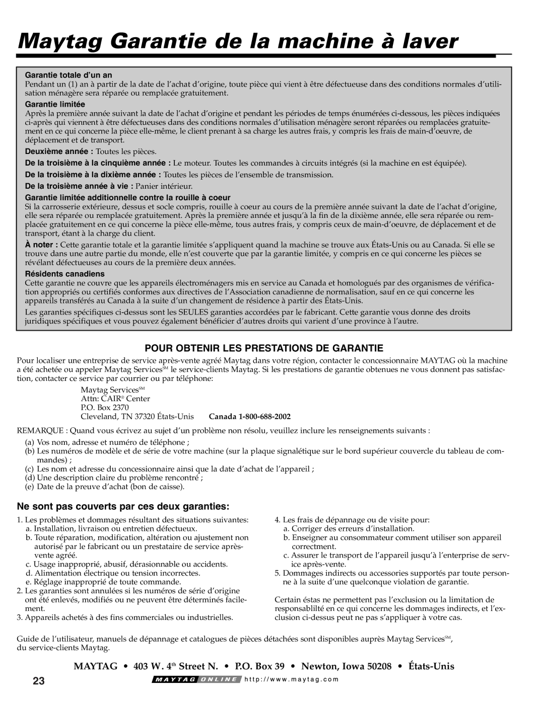 Maytag MAV-39 warranty Maytag Garantie de la machine à laver, Garantie totale d’un an 