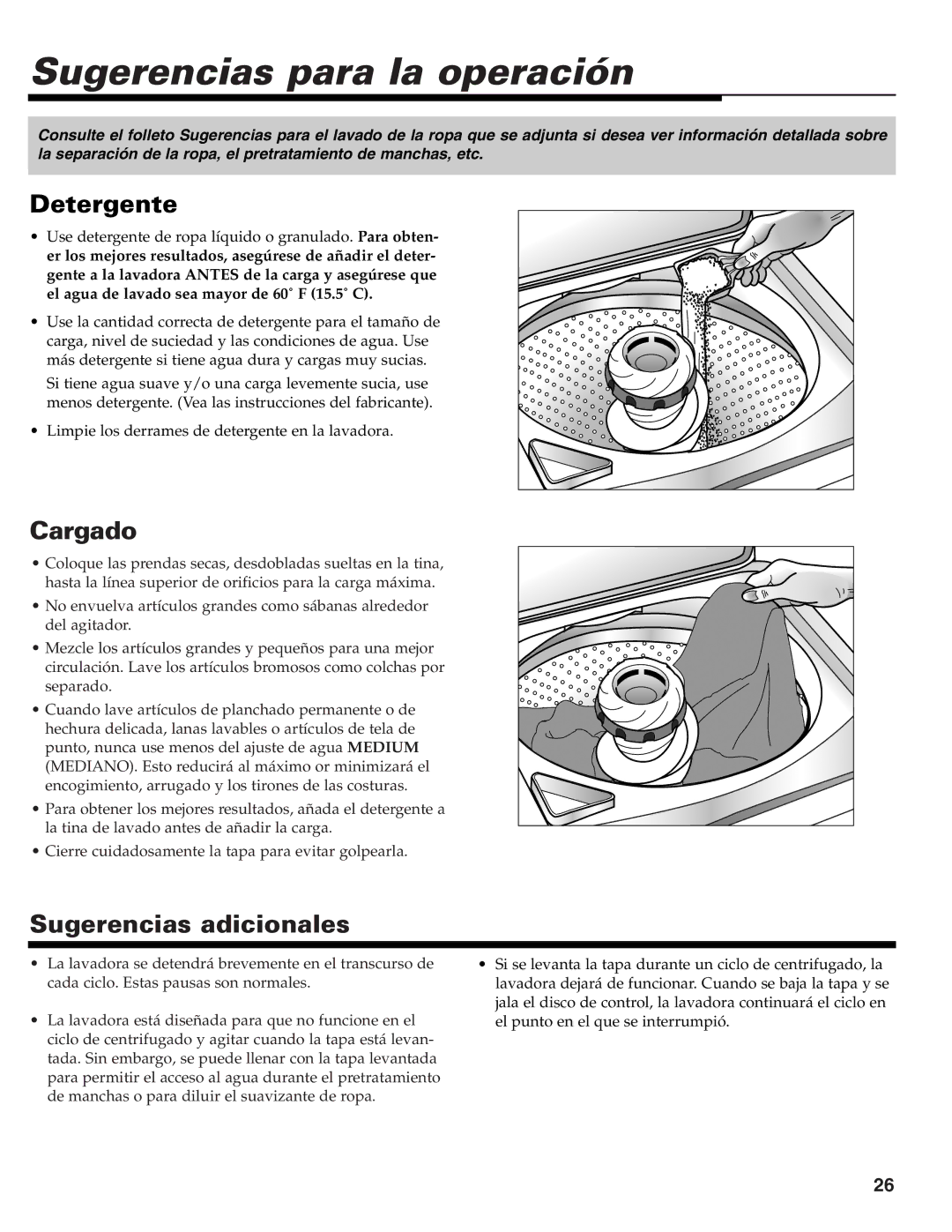 Maytag MAV-39 warranty Sugerencias para la operación, Detergente, Cargado, Sugerencias adicionales 