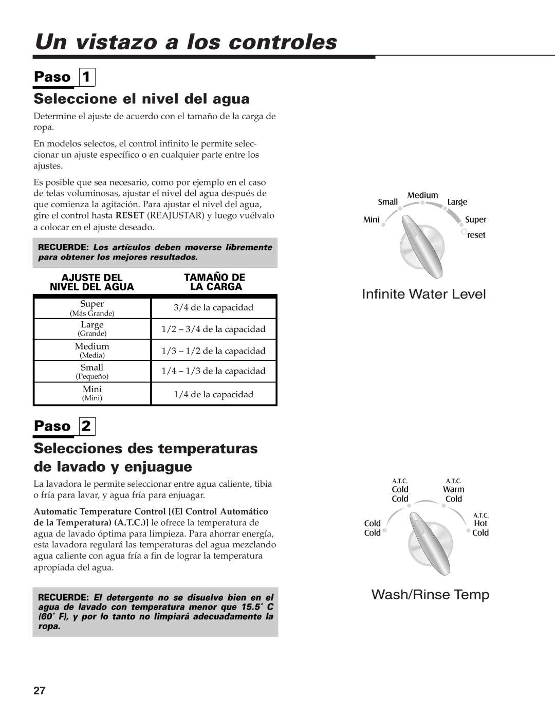 Maytag MAV-39 warranty Un vistazo a los controles, Paso Seleccione el nivel del agua 