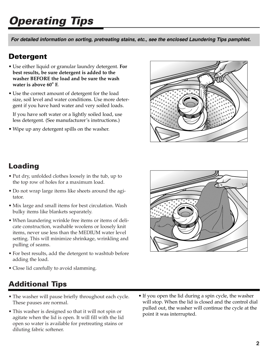 Maytag MAV-39 warranty Operating Tips, Detergent, Loading, Additional Tips 