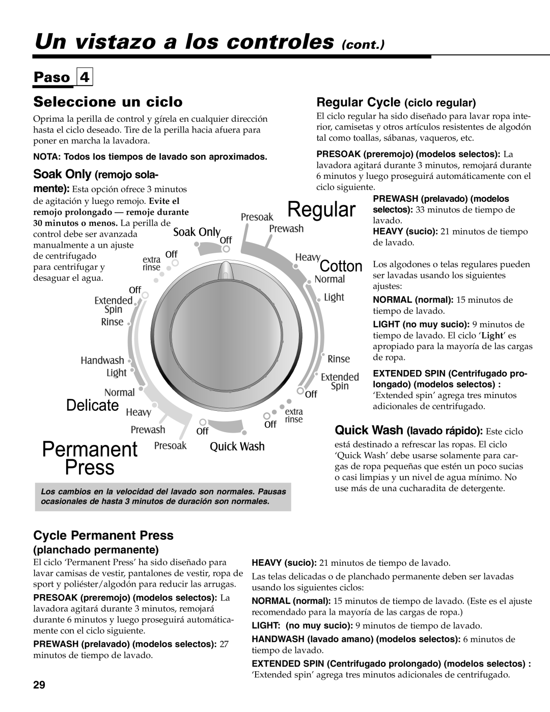 Maytag MAV-39 warranty Paso Seleccione un ciclo, Nota Todos los tiempos de lavado son aproximados 