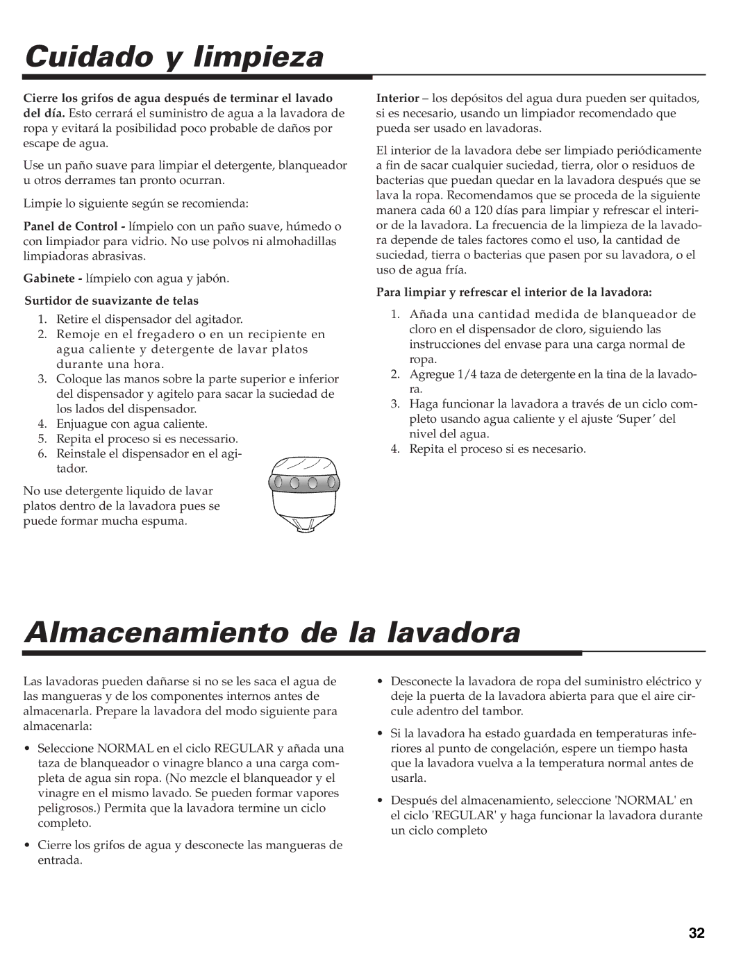 Maytag MAV-39 warranty Cuidado y limpieza, Almacenamiento de la lavadora 