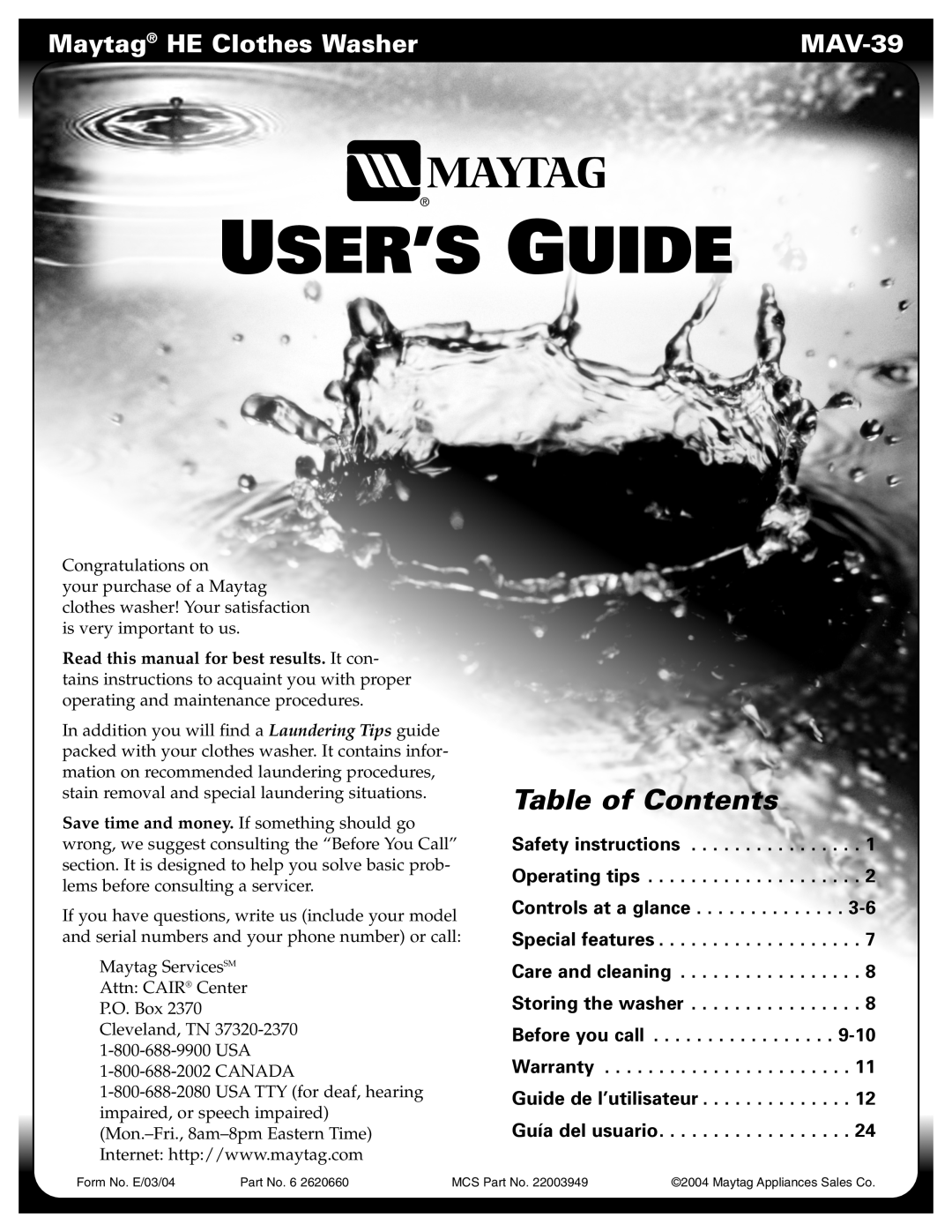 Maytag MAV-39 warranty Table of Contents, Maytag HE Clothes Washer, User’S, Guide 