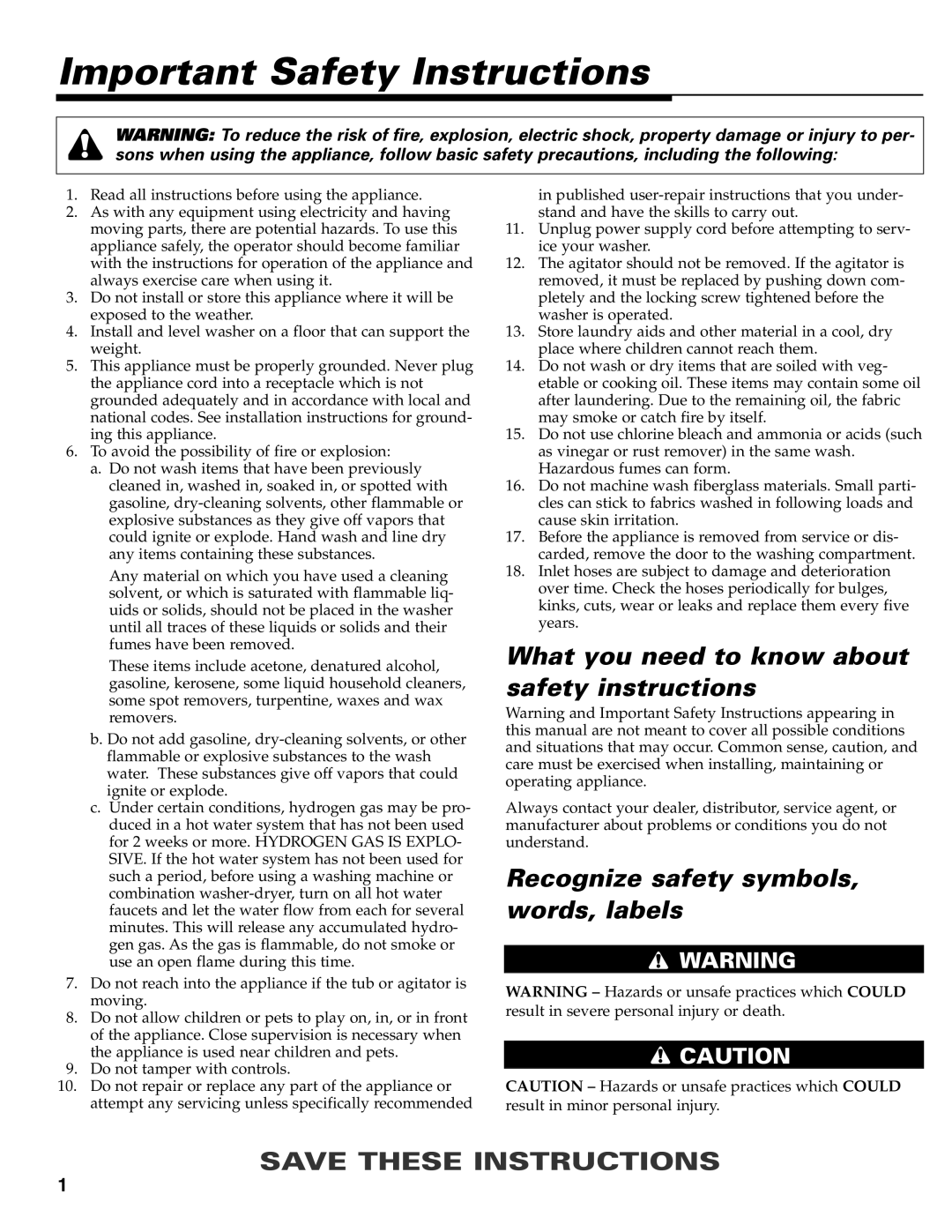Maytag MAV-39 Important Safety Instructions, What you need to know about safety instructions, Save These Instructions 