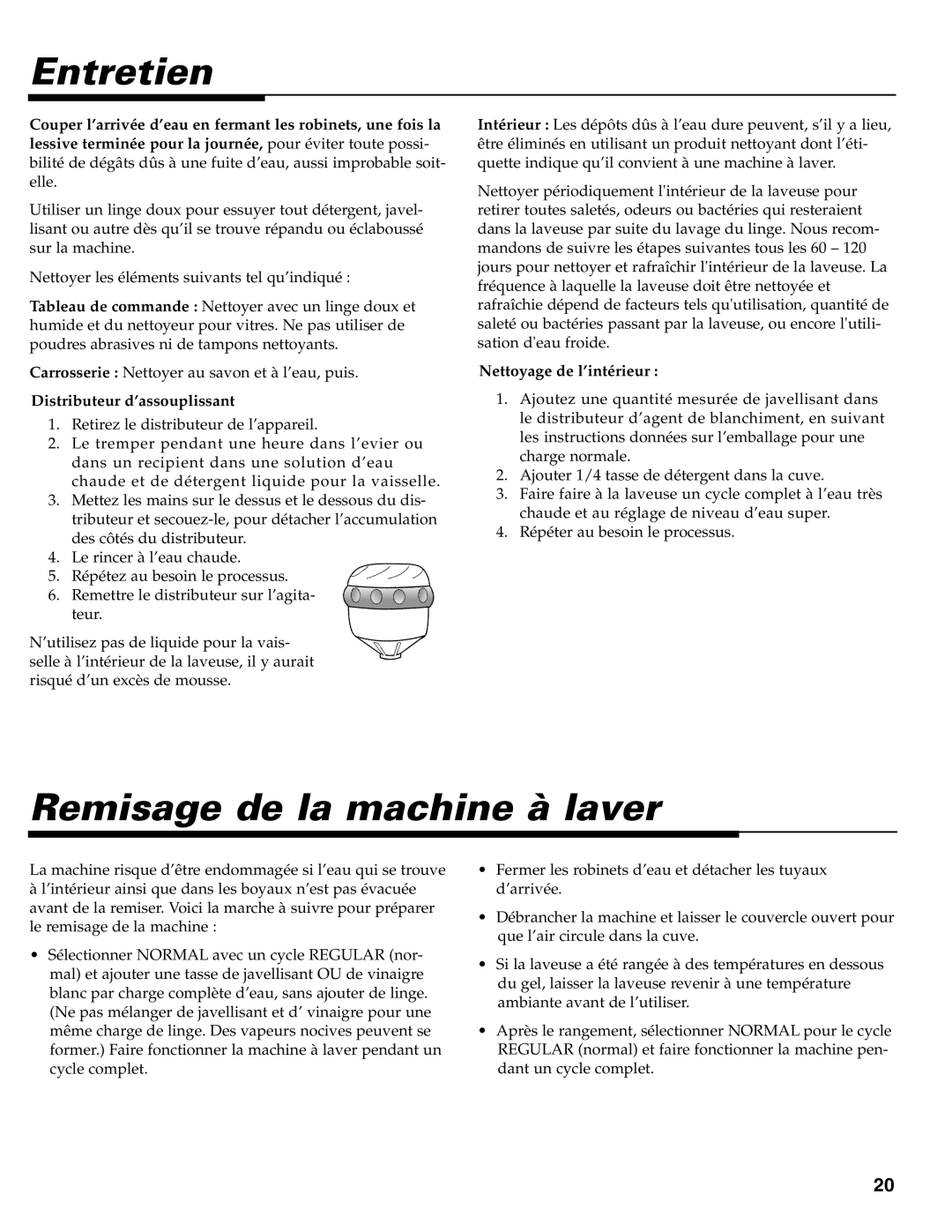 Maytag MAV-39 warranty Entretien, Remisage de la machine à laver, Distributeur d’assouplissant, Nettoyage de l’intérieur 