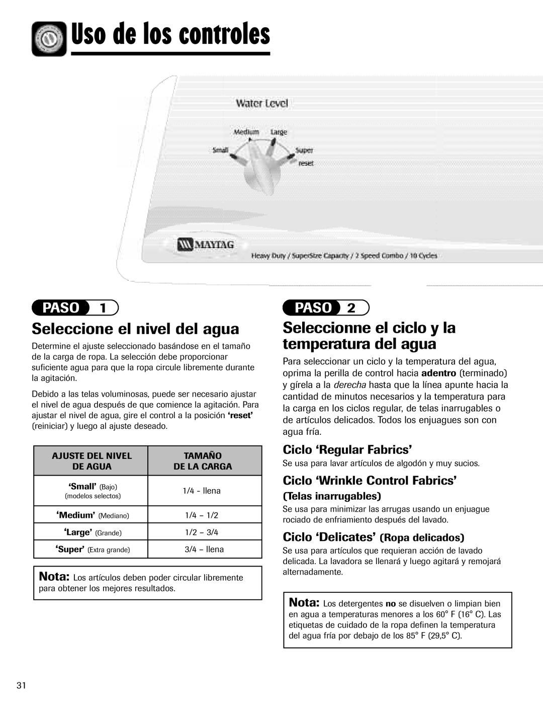 Maytag MAV-5 Uso de los controles, Seleccione el nivel del agua, Seleccionne el ciclo y la temperatura del agua 