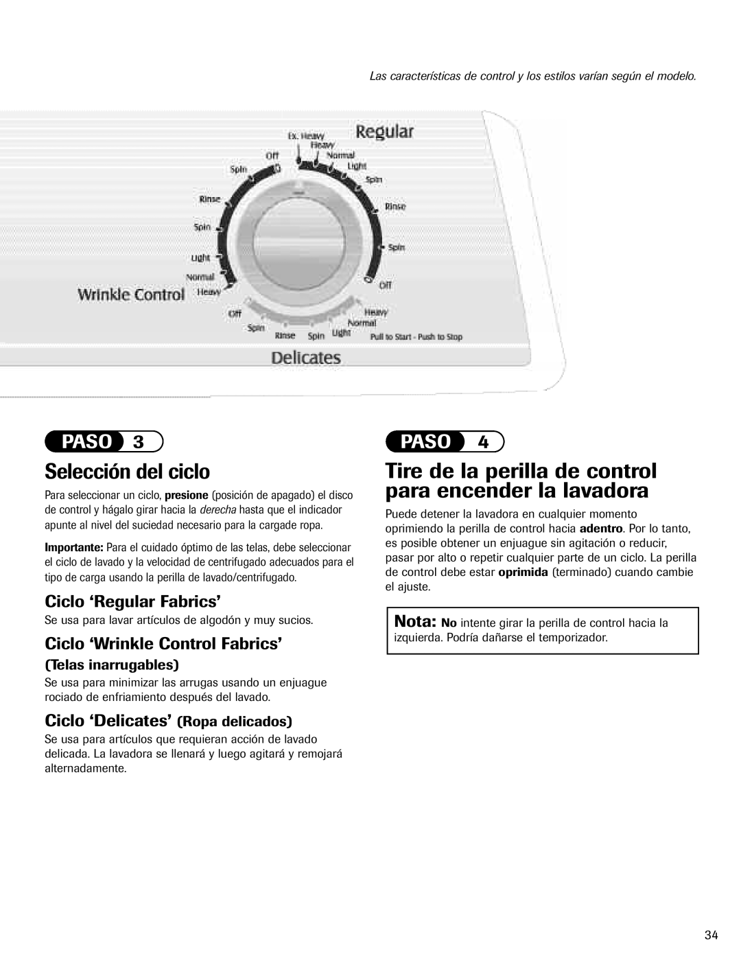 Maytag MAV-5 important safety instructions Selección del ciclo, Ciclo ‘Regular Fabrics’ 