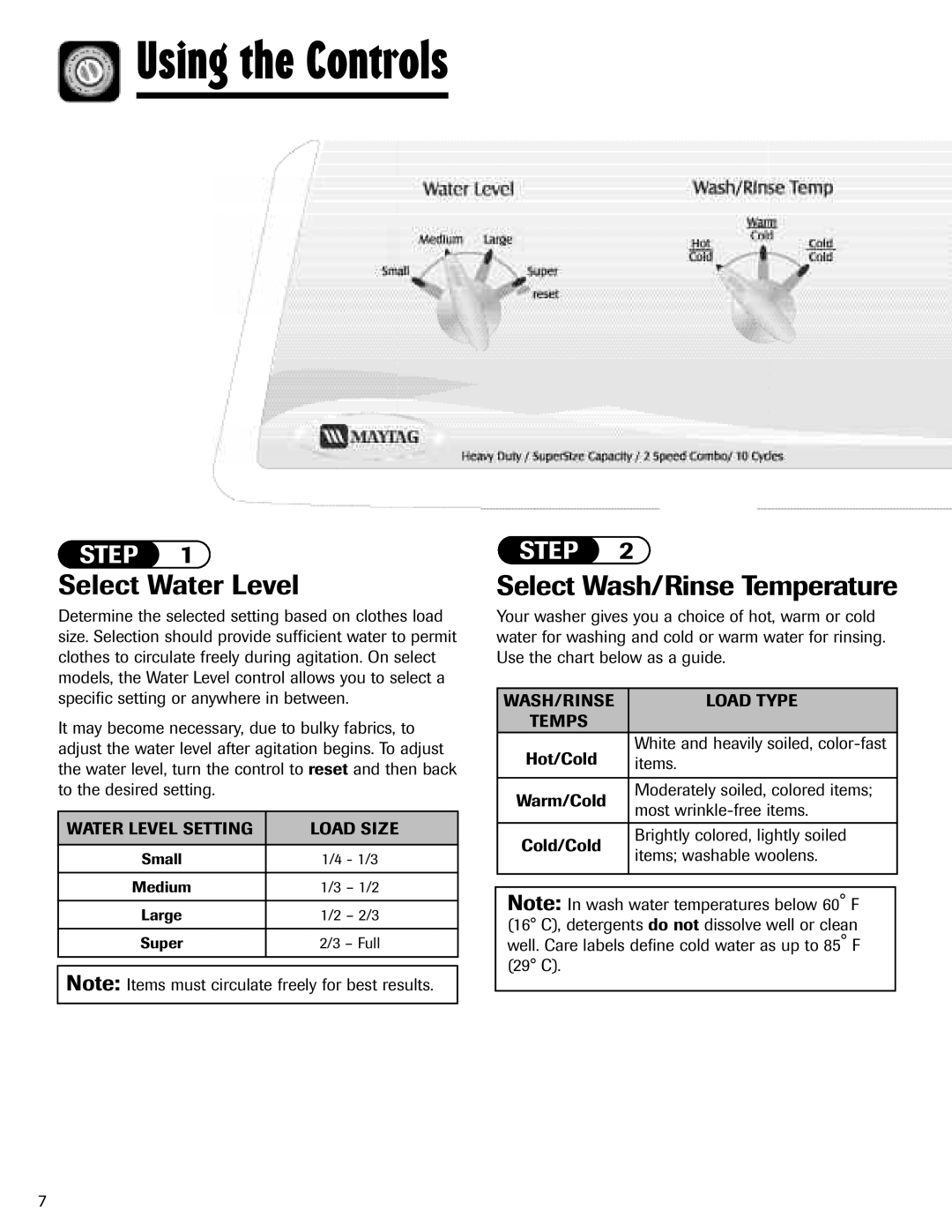 Maytag MAV-5 important safety instructions Using the Controls, Select Wash/Rinse Temperature 