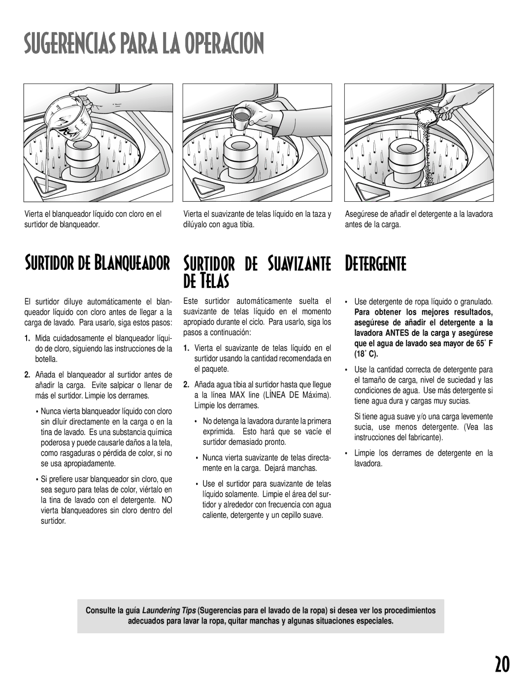 Maytag MAV7258, MAV6300, MAV6250, MAV7257, MAV7200 Sugerencias Para LA Operacion, Use detergente de ropa líquido o granulado 