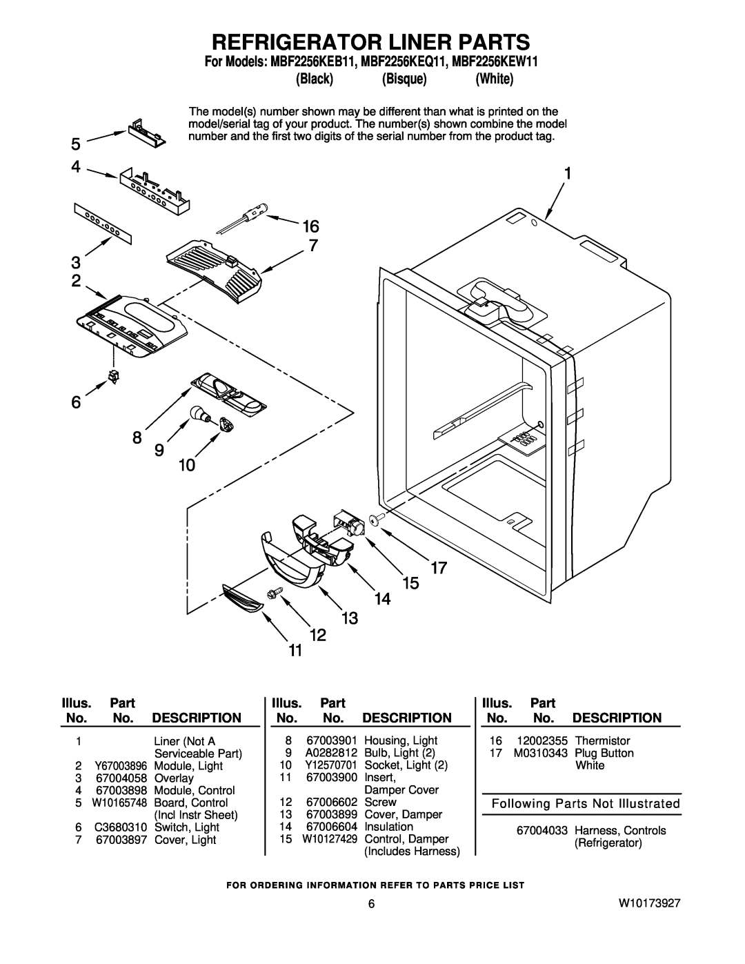 Maytag manual Refrigerator Liner Parts, For Models MBF2256KEB11, MBF2256KEQ11, MBF2256KEW11, Black Bisque White 
