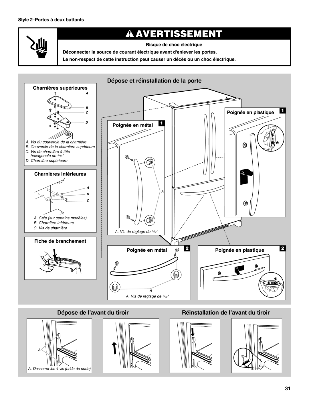 Maytag MBL2556KES installation instructions Charnières supérieures, Style 2-Portes à deux battants 