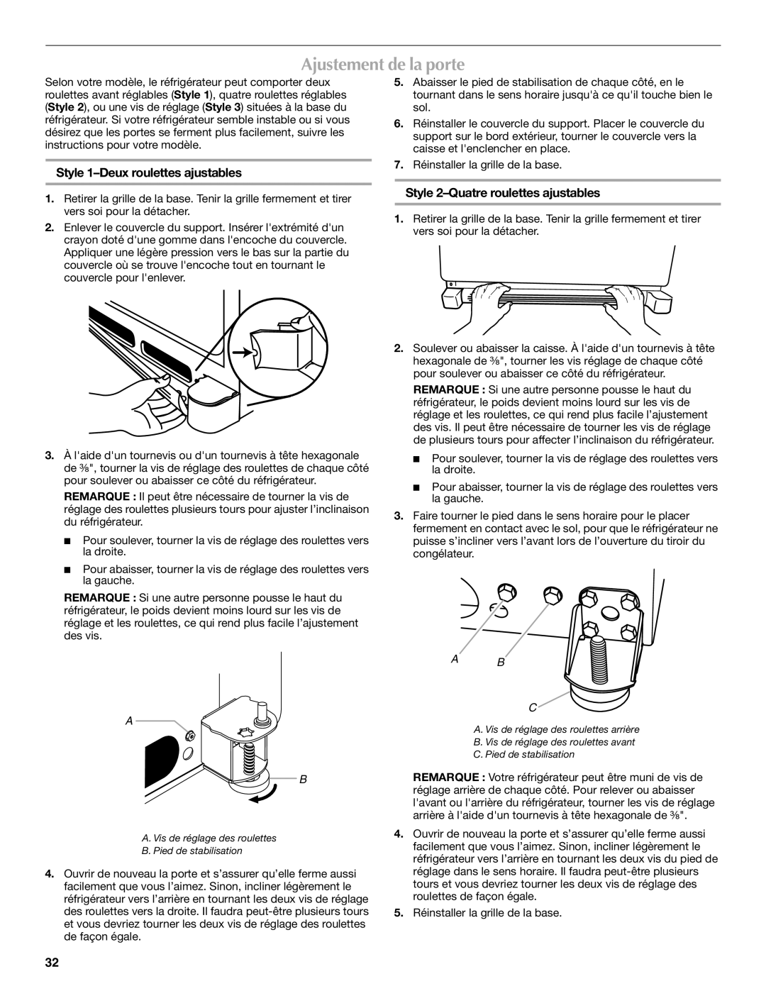 Maytag MBL2556KES Ajustement de la porte, Style 1-Deux roulettes ajustables, Style 2-Quatre roulettes ajustables 