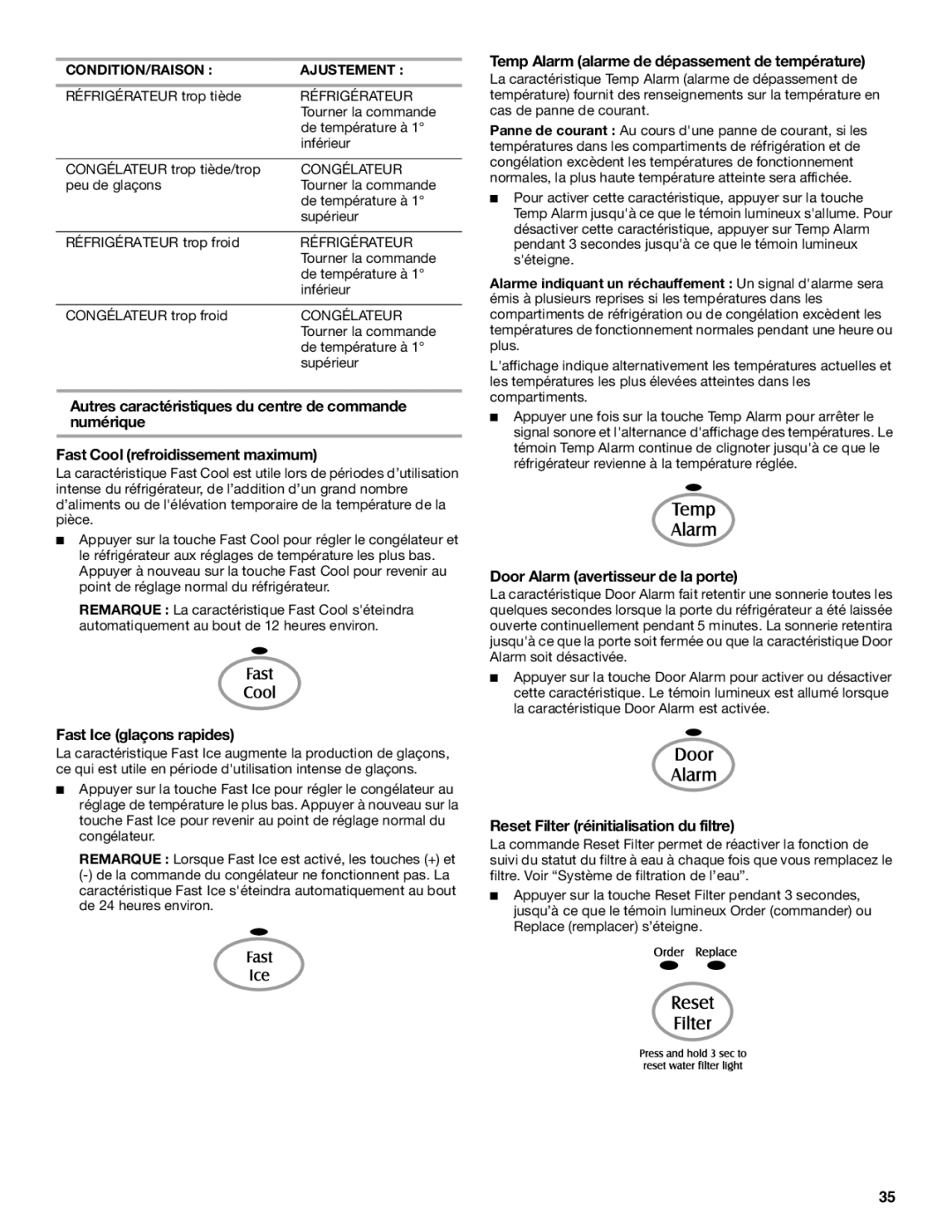 Maytag MBL2556KES installation instructions Fast Ice glaçons rapides, Temp Alarm alarme de dépassement de température 