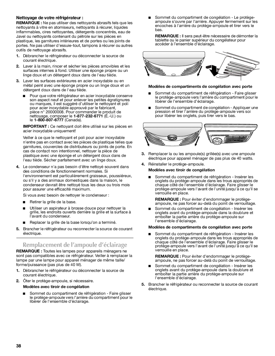 Maytag MBL2556KES installation instructions Remplacement de l’ampoule d’éclairage, Nettoyage de votre réfrigérateur 